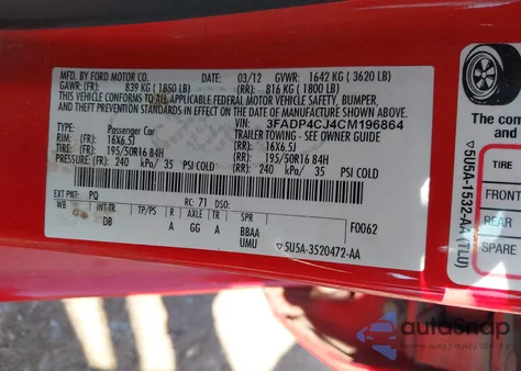 2012 Ford Fiesta Sel from USA, damaged, VIN 3FADP4CJ4CM196864